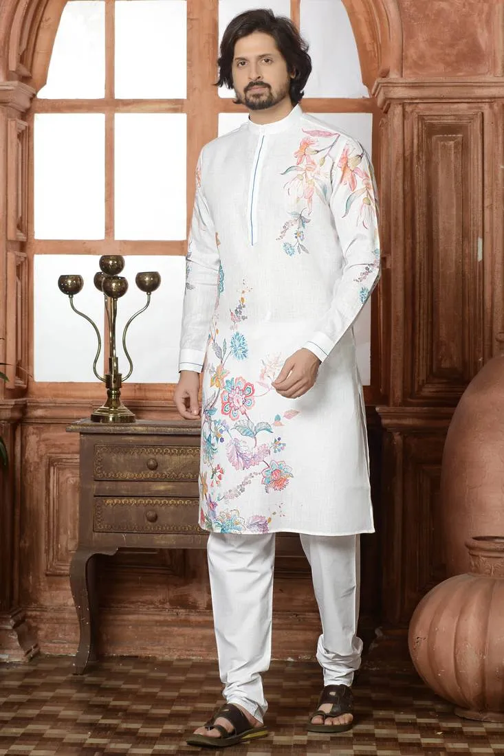 White Cotton Linen Floral Printed Kurta Pyjama Set